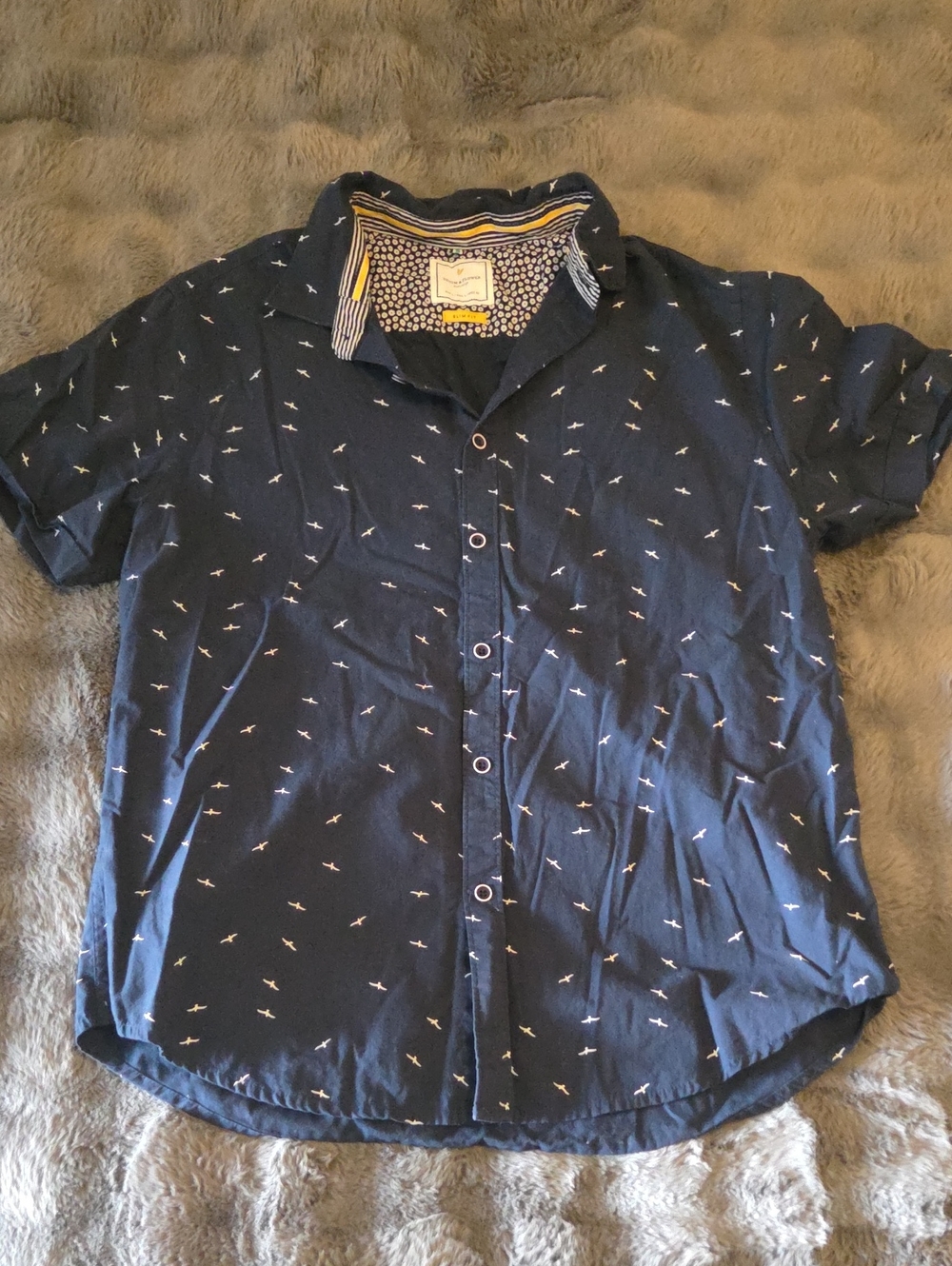 Denim & Flower Navy Shirt with White Daisy Print and Yellow Accent